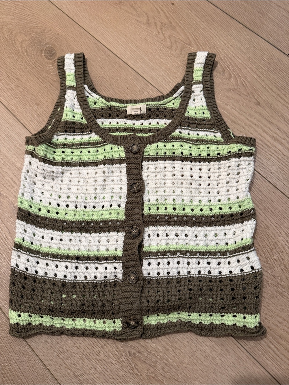 a.n.a Striped Crochet Button-Front Tank Top in White, Olive & Light Green